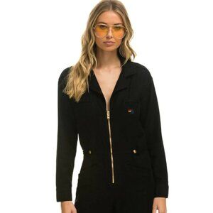 Aviation Black Utility Zip-Front Jumpsuit Gold Hardware XS